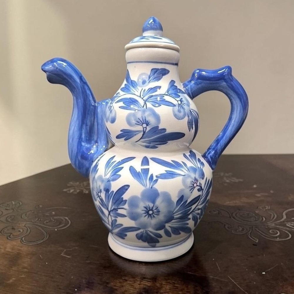 Cobalt Blue & White Floral Porcelain Teapot, Vintage Double Gourd Shaped Carafe